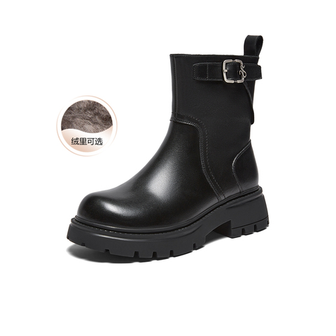百思图2025冬季新款商场同款休闲靴简约加绒保暖女短靴H1882DZ5