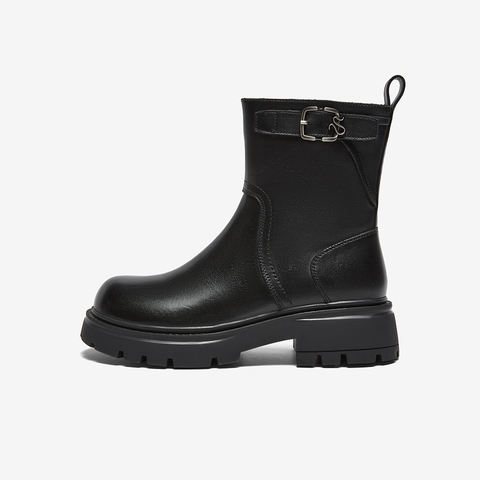 百思图2025冬季新款商场同款休闲靴简约加绒保暖女短靴H1882DZ5