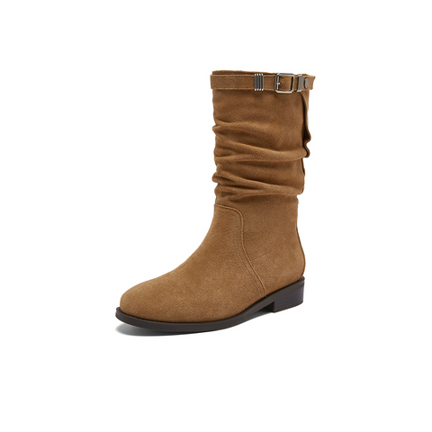 百思图2025冬季新款堆堆靴西部靴时尚复古粗跟女长靴SAH01DG5