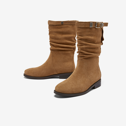 百思图2025冬季新款堆堆靴西部靴时尚复古粗跟女长靴SAH01DG5