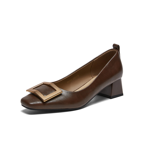 百思图2026春季新款织物女鞋时尚简约通勤粗跟方头女单鞋B5288AQ6