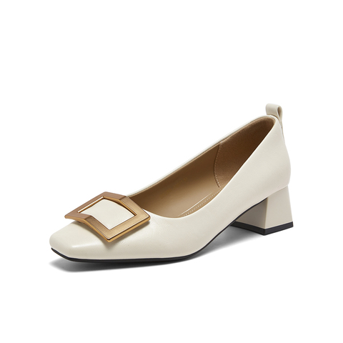 百思图2026春季新款织物女鞋时尚简约通勤粗跟方头女单鞋B5288AQ6