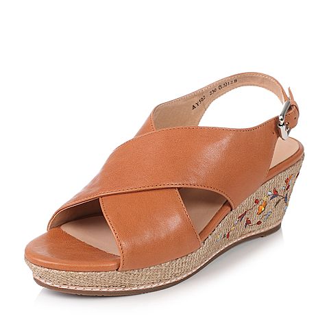 Bata/拔佳夏季专柜同款棕色简约坡跟油皮绵羊皮女皮凉鞋AY502BL7
