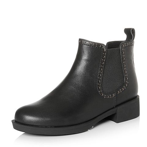 Bata/拔佳冬专柜同款黑色牛皮革圆头简约方跟切尔西女短靴9-401DD7