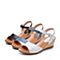 Bata/拔佳2018夏新品专柜同款兰色木纹坡跟优雅上班羊皮女凉鞋APJ08BL8