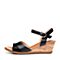 Bata/拔佳2018夏新品专柜同款黑色木纹坡跟优雅上班羊皮女凉鞋APJ08BL8