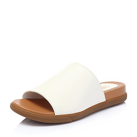 Bata/拔佳2018夏新专柜同款白色时尚休闲平跟羊皮革女凉拖鞋AZ116BT8