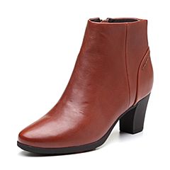 Bata/拔佳2018冬新款专柜同款棕色油皮绵羊皮革粗高跟女皮靴短靴ABA46DD8