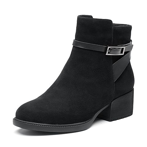 Bata拔佳冬新款专柜同款黑色羊绒皮革粗中跟女靴短靴XBN03DD8
