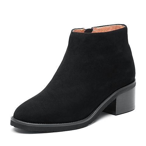 Bata/拔佳2018冬新款专柜同款黑色羊绒皮革粗中跟女皮靴及踝靴RBV03DD8