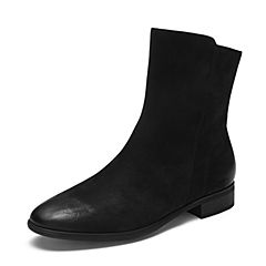 Bata/拔佳2019冬新款纯色复古短筒粗跟瘦瘦靴皮短靴女潮AFH50DZ9