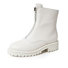 Bata/拔佳2019冬新款前拉链牛皮革短靴粗跟加绒鬼帝靴女S9081DZ9
