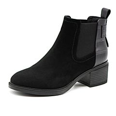 Bata/拔佳2019冬新款英伦风切尔西靴粗跟加绒皮革短靴女34321DD9