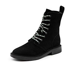 Bata/拔佳2019冬新款英伦风羊皮革高帮马丁靴平底粗跟女68911DZ9