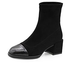 Bata/拔佳2019冬新款英伦牛皮革拼接中粗方跟弹力短靴女96886DD9