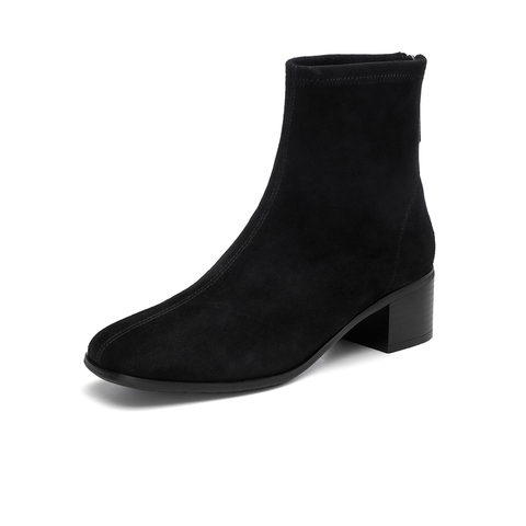 Bata弹力瘦瘦靴女2020冬商场新款真羊皮高跟粗跟时装短靴AMS41DD0