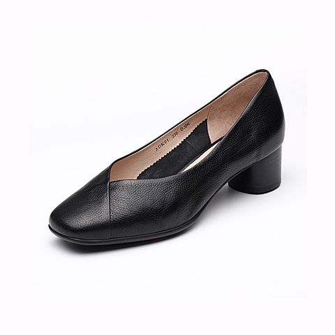 Bata奶奶鞋女2020秋商场新款真羊皮中跟粗跟浅口单鞋工作ADK01CQ0
