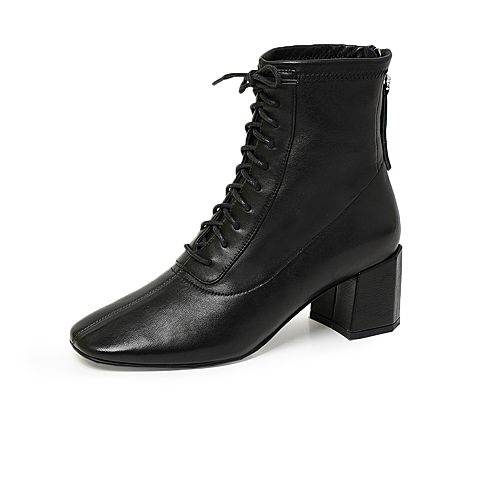 Bata时装靴女2020冬新款复古方头真羊皮透气高粗跟短筒靴23601DD0