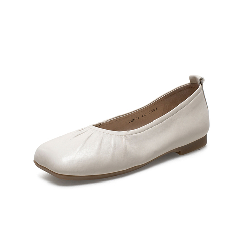 Bata奶奶鞋女单2021春商场新款百搭真羊皮平软底浅口单鞋AMM02AQ1