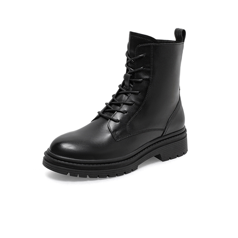 Bata马丁靴女2021冬季商场新款百搭真牛皮粗跟厚底短筒靴95273DD1