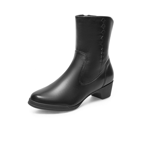 Bata时装靴女2021冬季商场新款百搭粗跟软底真牛皮短筒靴AV454DZ1