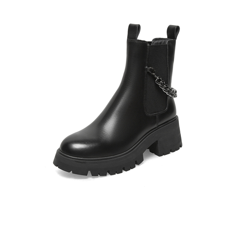 Bata切尔西靴女2021冬季新款潮酷真牛皮厚底粗高跟烟筒靴36Z18DD1