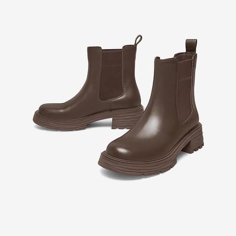 Bata切尔西靴女2022冬商场新款英伦风牛皮粗跟通勤短筒靴53217DD2