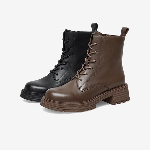 Bata马丁靴女2022冬季商场新款牛皮英伦风牛皮粗跟短筒靴53211DD2