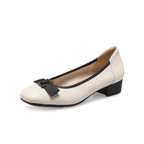 Bata浅口单鞋女2023春季商场新款羊皮粗跟软底蝴蝶结单鞋AOX06AQ3