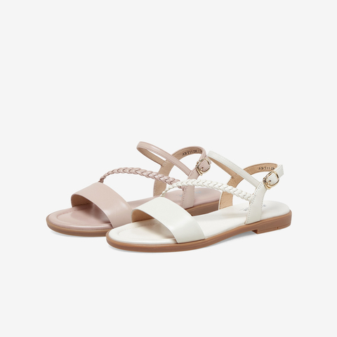 Bata时装凉鞋女2023夏商场新款羊皮平软底舒适一字带凉鞋ABT15BL3