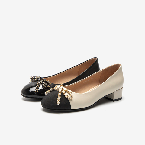 Bata浅口单鞋女2023秋季新款小香风羊皮粗跟舒适通勤单鞋A398DCQ3