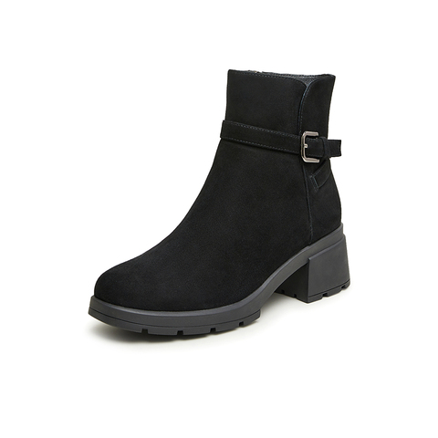 Bata时装靴女2023冬季商场新款羊皮通勤百搭粗跟短筒靴A0211DD3