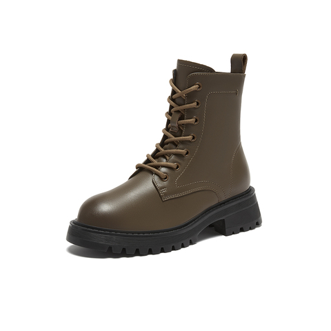 Bata马丁靴女2023冬季商场新款英伦风牛皮粗跟百搭短筒靴VEE35DD3