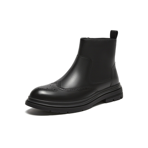 Bata切尔西靴男2023冬商场新款牛皮英伦风保暖布洛克低靴EMU03DD3