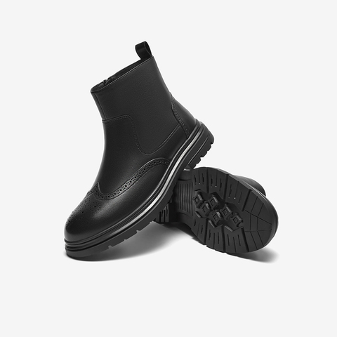 Bata切尔西靴男2023冬商场新款牛皮英伦风保暖布洛克低靴EMU03DD3