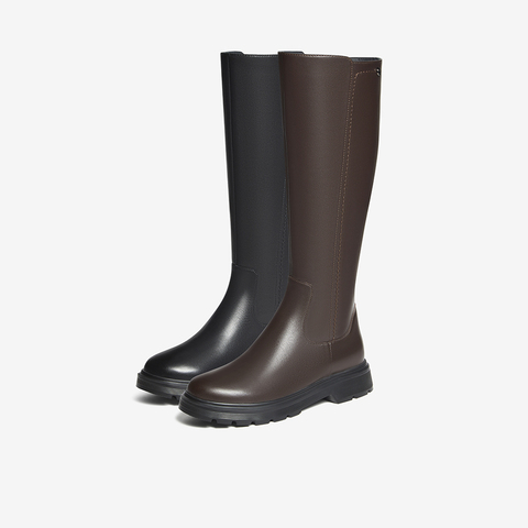 Bata及膝时装靴女2023冬商场新款牛皮粗跟骑士显瘦长筒靴WAG18DG3