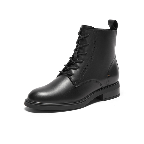 Bata马丁靴女2023冬季商场新款牛皮英伦风牛皮粗跟短筒靴AKL54DD3