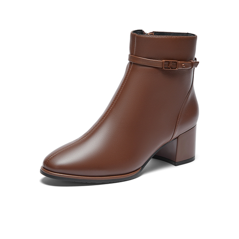 Bata时装靴女2023冬季商场新款羊皮通勤优雅粗跟短筒靴ANL53DD3