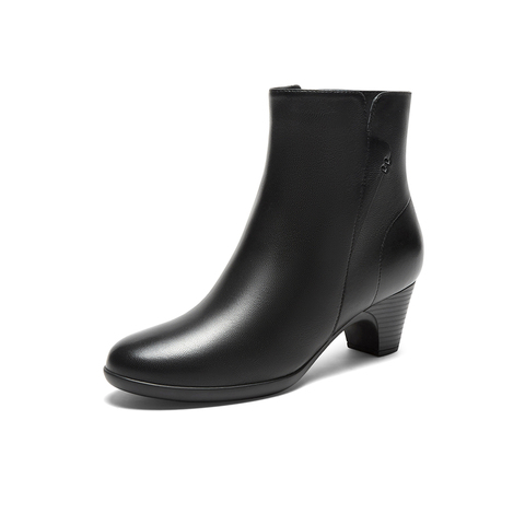 Bata时装靴女2023冬商场新款羊皮软底通勤百搭粗跟短筒靴AQ772DD3