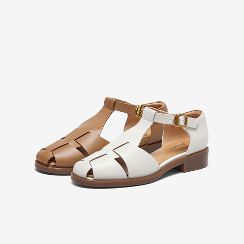 Bata包头凉鞋女2024春新款牛皮镂空复古英伦丁字鞋罗马鞋ATA27AK4