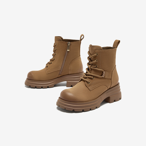 Bata马丁靴女2024冬季商场新款羊皮英伦风粗跟短筒靴2323DDD4