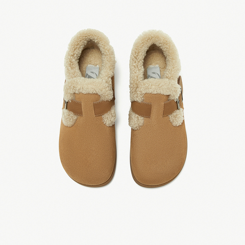 Bata勃肯毛毛鞋女2024冬商场新款英伦牛剖皮通勤保暖单鞋30926DM4