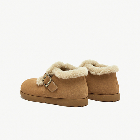 Bata勃肯毛毛鞋女2024冬商场新款英伦牛剖皮通勤保暖单鞋30926DM4