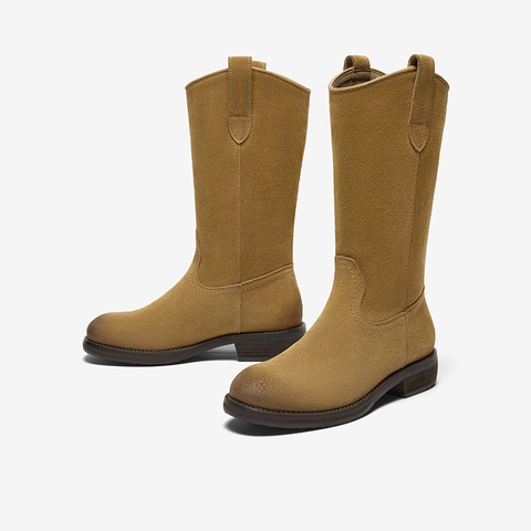 Bata小耳朵西部靴女2024冬牛剖皮百搭复古时尚长筒时装靴6853DDG4