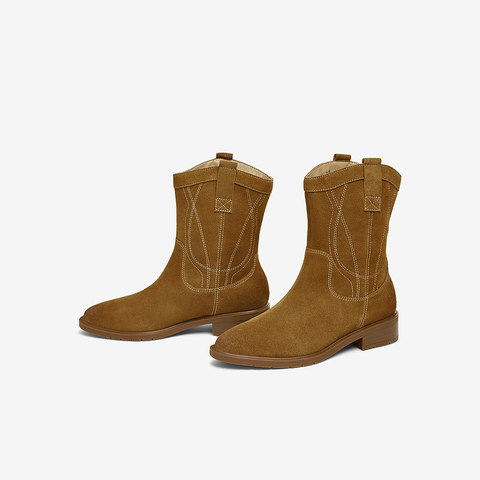 Bata小耳朵时装靴女2024冬牛剖皮百搭西部复古时尚中筒靴AXG64DZ4