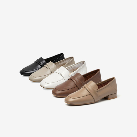 Bata乐福鞋女秋新款英伦风牛皮通勤百搭慕斯鞋一脚蹬42057CA4