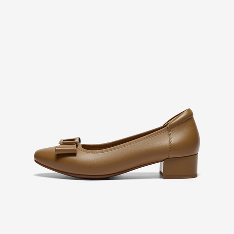 Bata浅口单鞋女2025春商场新款羊皮粗跟通勤蝴蝶结单鞋6296DAQ5