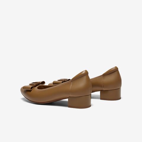 Bata浅口单鞋女2025春商场新款羊皮粗跟通勤蝴蝶结单鞋6296DAQ5