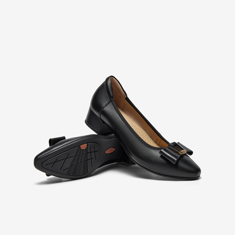 Bata浅口单鞋女2025春商场新款羊皮粗跟通勤蝴蝶结单鞋6296DAQ5