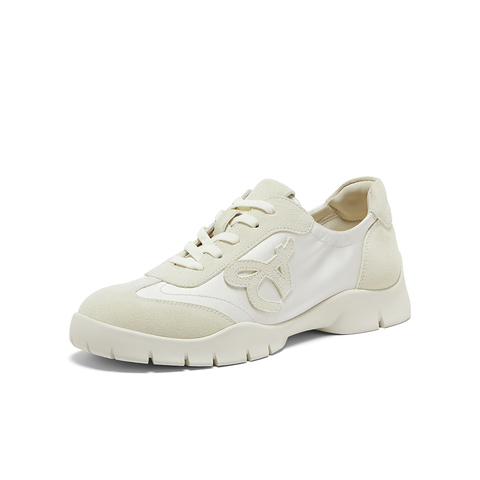 Bata休闲鞋女2025春商场新款百搭牛剖皮厚底鱼骨运动单鞋TH022AM5